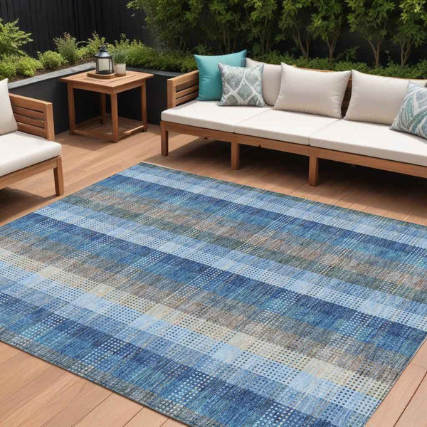 9' X 12' Denim Blue Sky Blue And Beige Plaid Washable Indoor Outdoor Area Rug