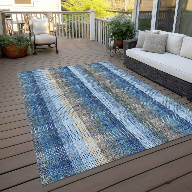 9' X 12' Denim Blue Sky Blue And Beige Plaid Washable Indoor Outdoor Area Rug