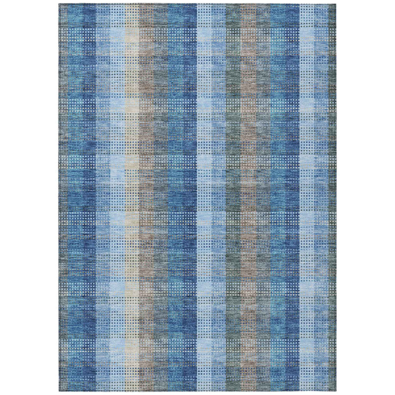 9' X 12' Denim Blue Sky Blue And Beige Plaid Washable Indoor Outdoor Area Rug