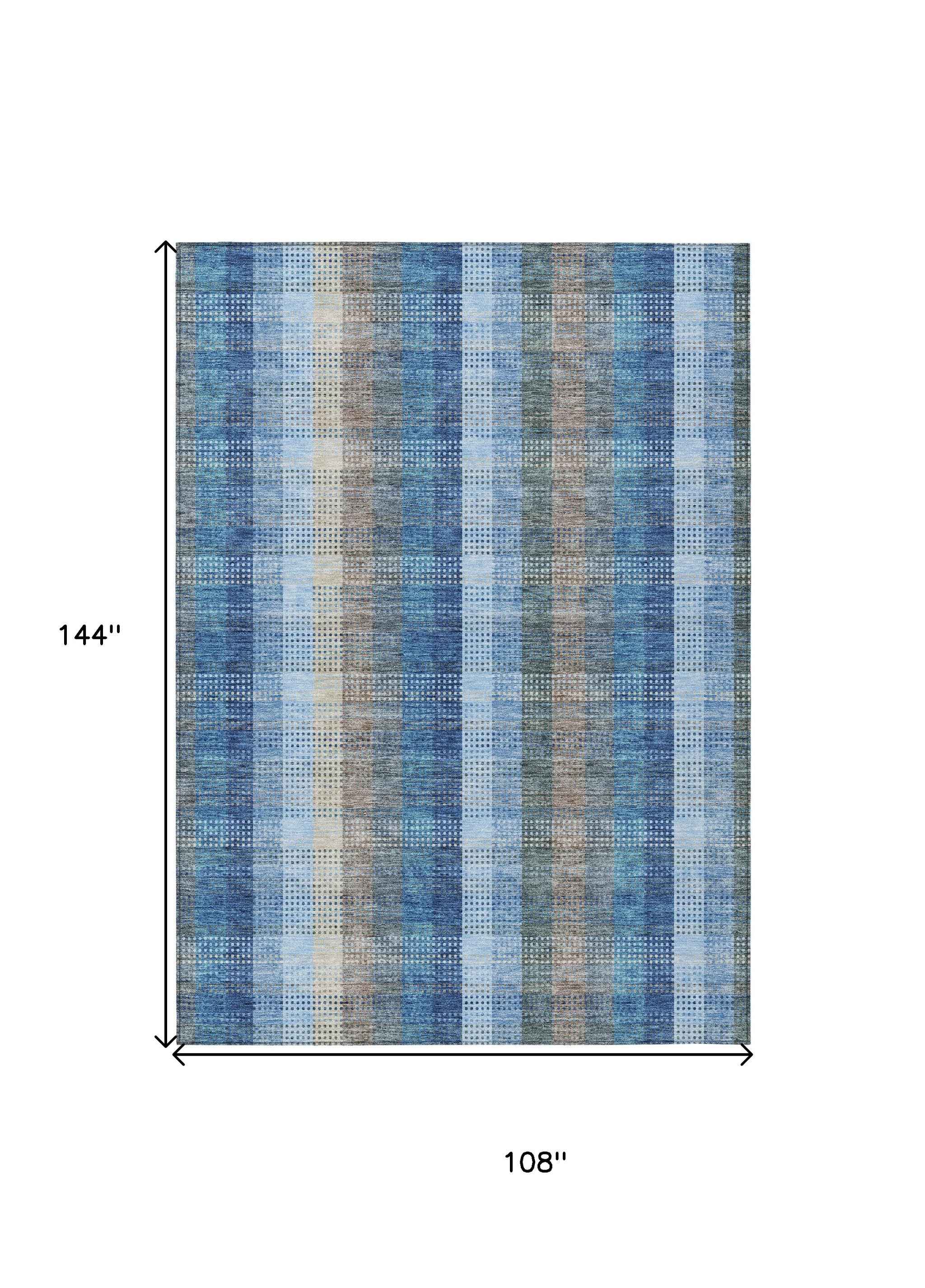 9' X 12' Denim Blue Sky Blue And Beige Plaid Washable Indoor Outdoor Area Rug