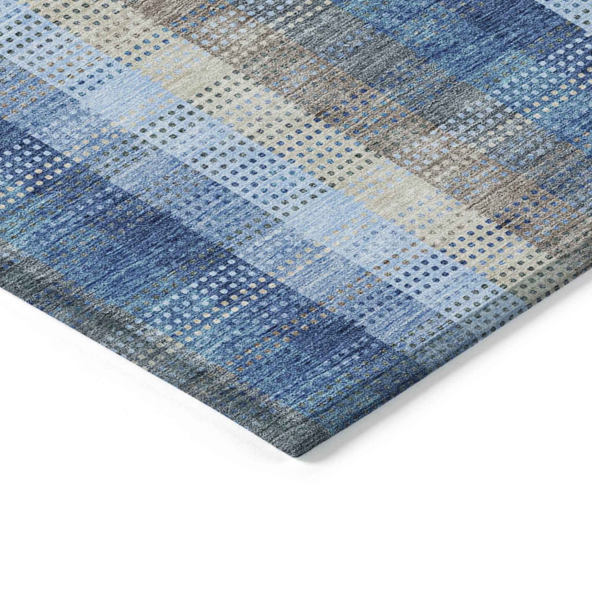 9' X 12' Denim Blue Sky Blue And Beige Plaid Washable Indoor Outdoor Area Rug