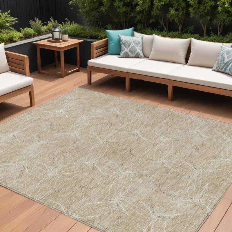 10' X 14' Beige And Ivory Geometric Washable Indoor Outdoor Area Rug