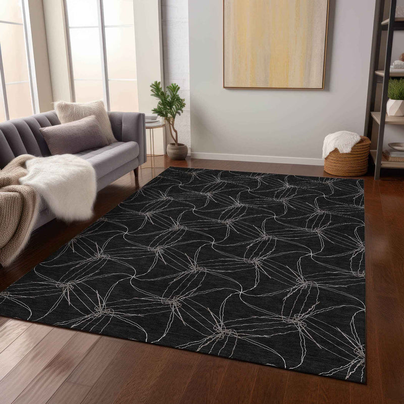 3' X 5' Black And Ivory Geometric Washable Indoor Outdoor Area Rug