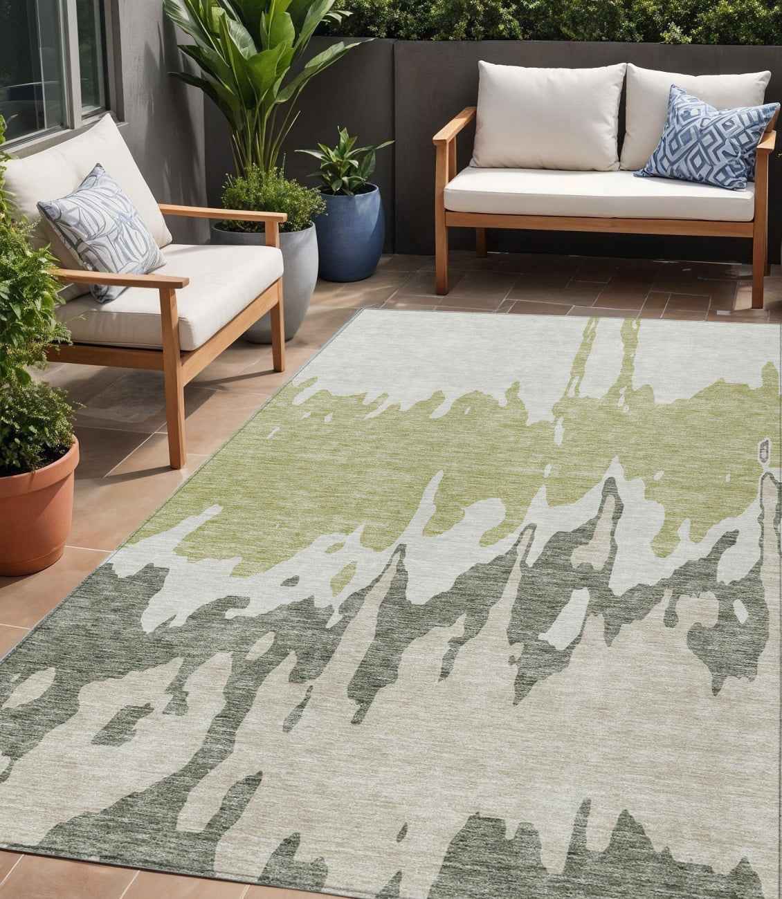 5' X 8' Sage And Ivory Abstract Washable Indoor Outdoor Area Rug