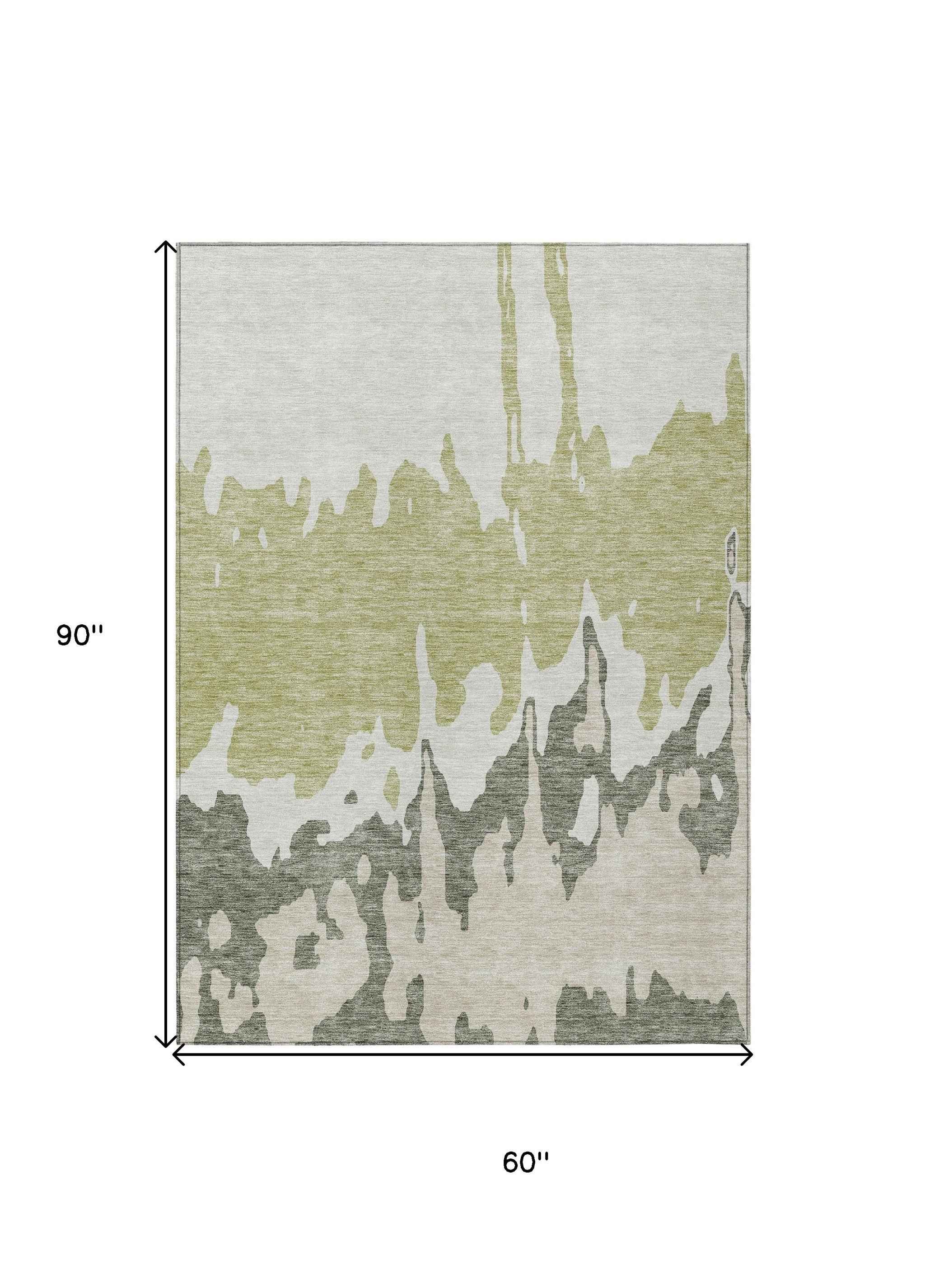 5' X 8' Sage And Ivory Abstract Washable Indoor Outdoor Area Rug