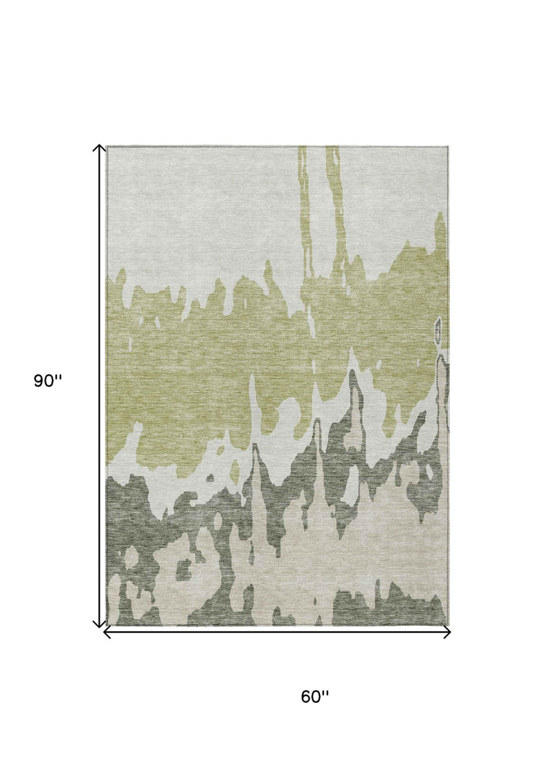 5' X 8' Sage And Ivory Abstract Washable Indoor Outdoor Area Rug