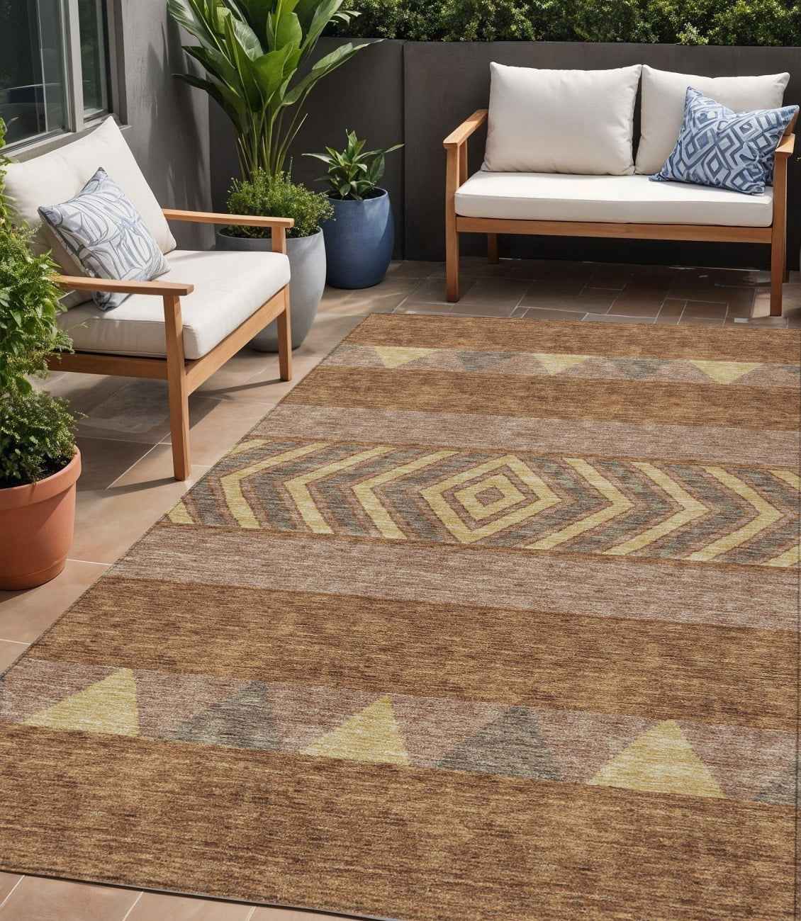 5' X 8' Orange Wheat And Taupe Southwestern Washable Indoor Outdoor Area Rug