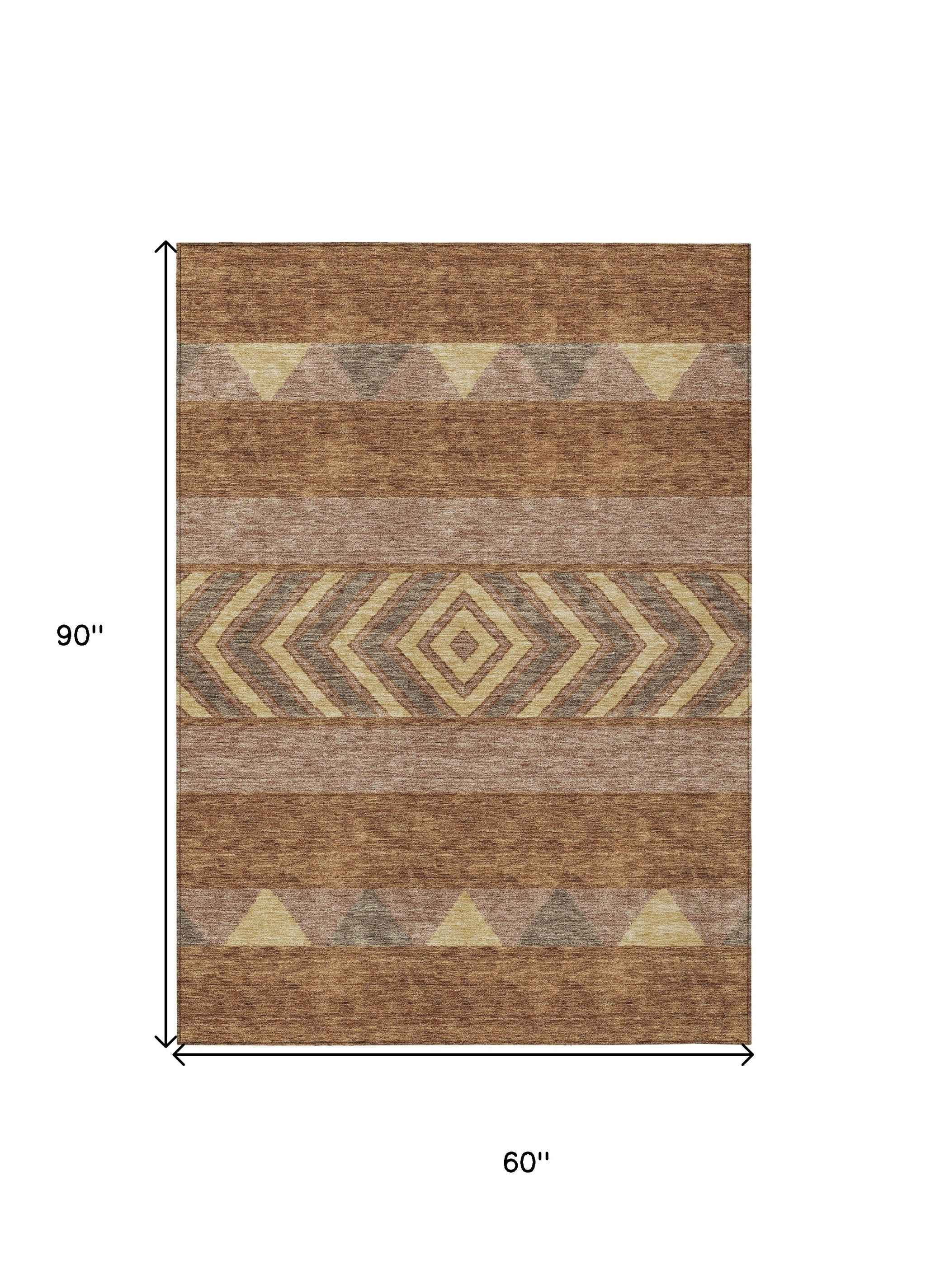 5' X 8' Orange Wheat And Taupe Southwestern Washable Indoor Outdoor Area Rug