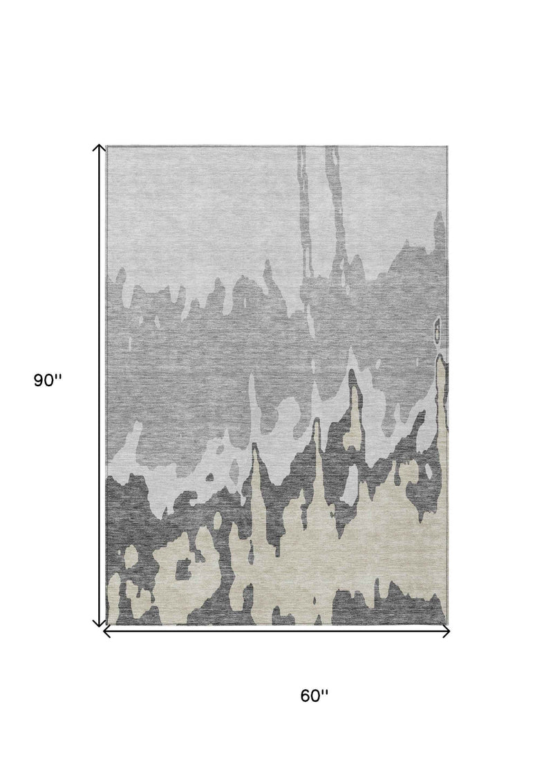 5' X 8' Gray And Silver Abstract Washable Indoor Outdoor Area Rug