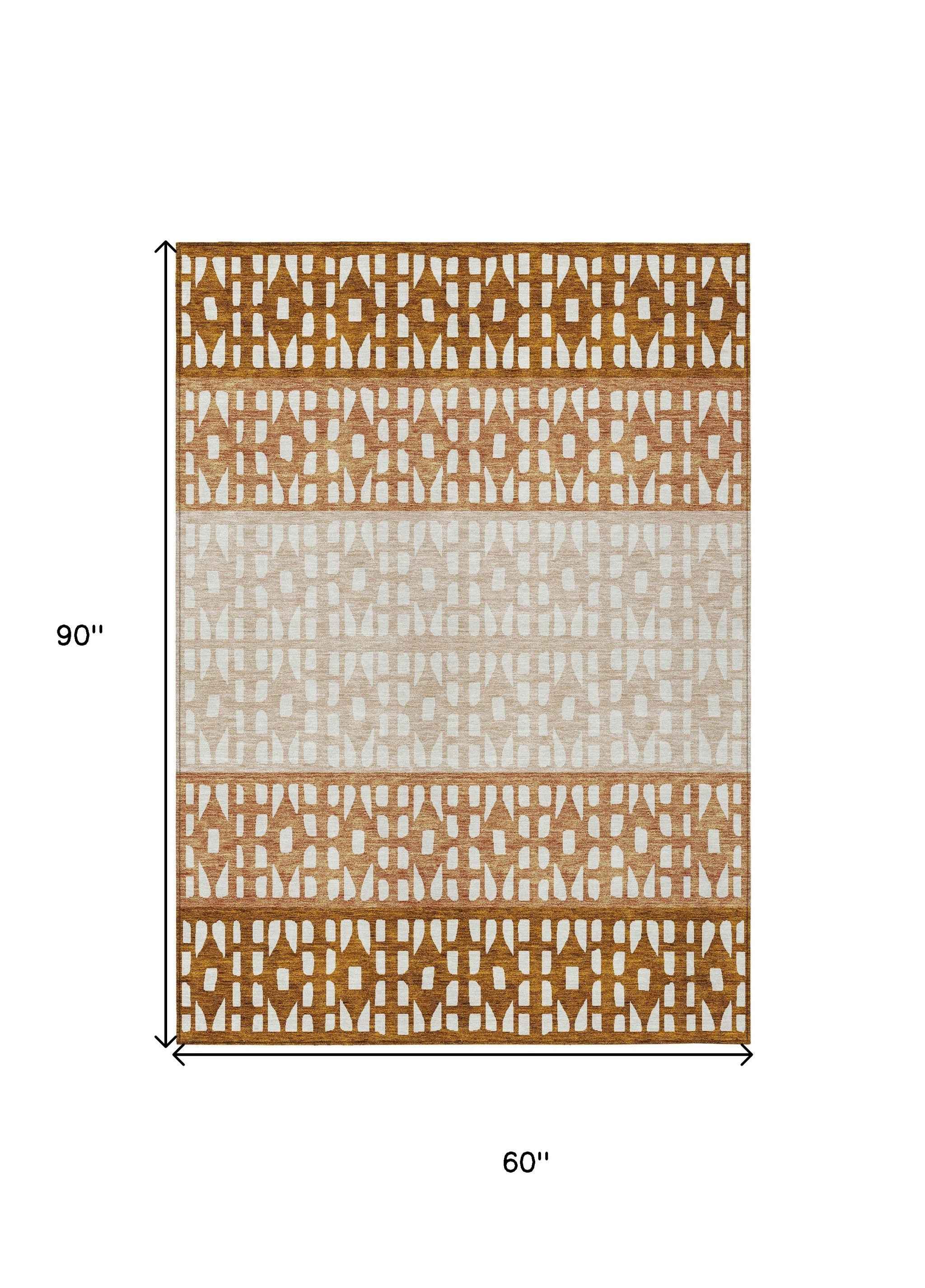 5' X 8' Orange Beige And Ivory Geometric Washable Indoor Outdoor Area Rug