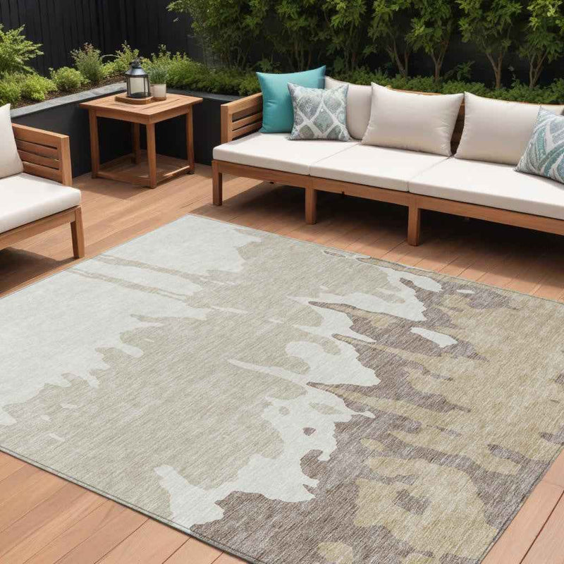 8' X 10' Ivory And Beige Abstract Washable Indoor Outdoor Area Rug