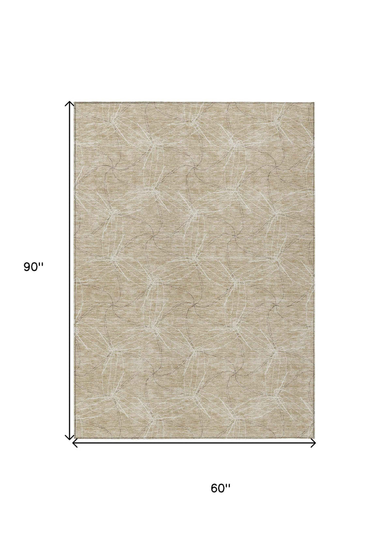 5' X 8' Beige And Ivory Geometric Washable Indoor Outdoor Area Rug