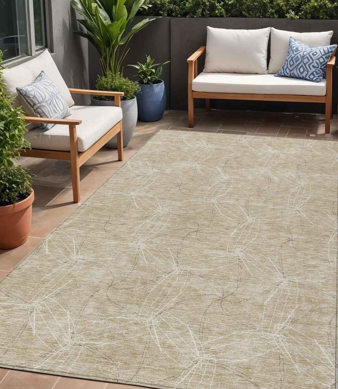 5' X 8' Beige And Ivory Geometric Washable Indoor Outdoor Area Rug