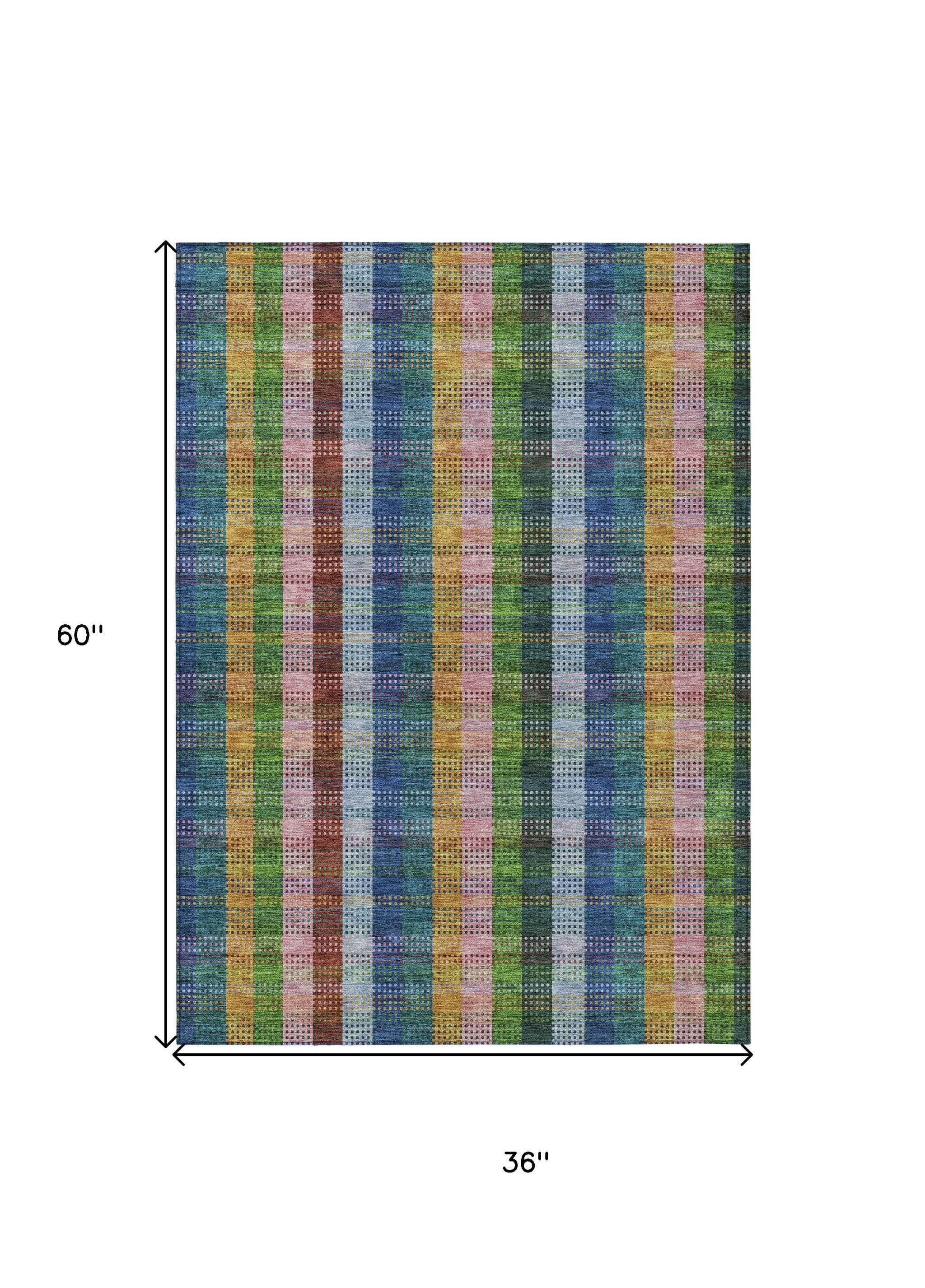 3' X 5' Navy Blue Pink And Sage Plaid Washable Indoor Outdoor Area Rug