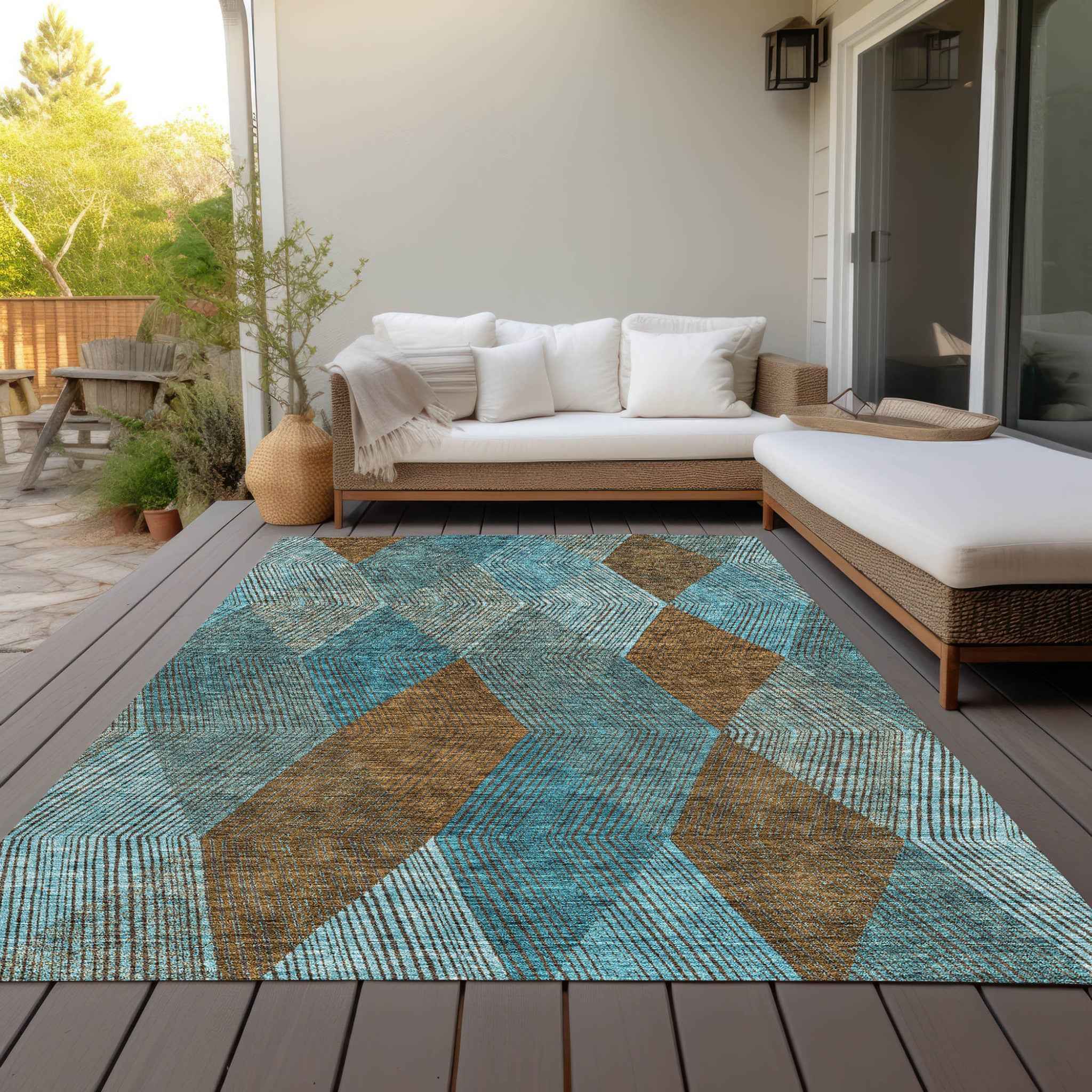 5' X 8' Teal Blue Aqua And Brown Argyle Washable Indoor Outdoor Area Rug