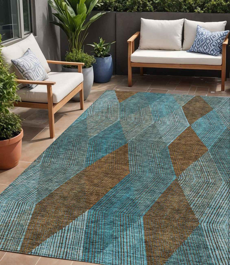 5' X 8' Teal Blue Aqua And Brown Argyle Washable Indoor Outdoor Area Rug