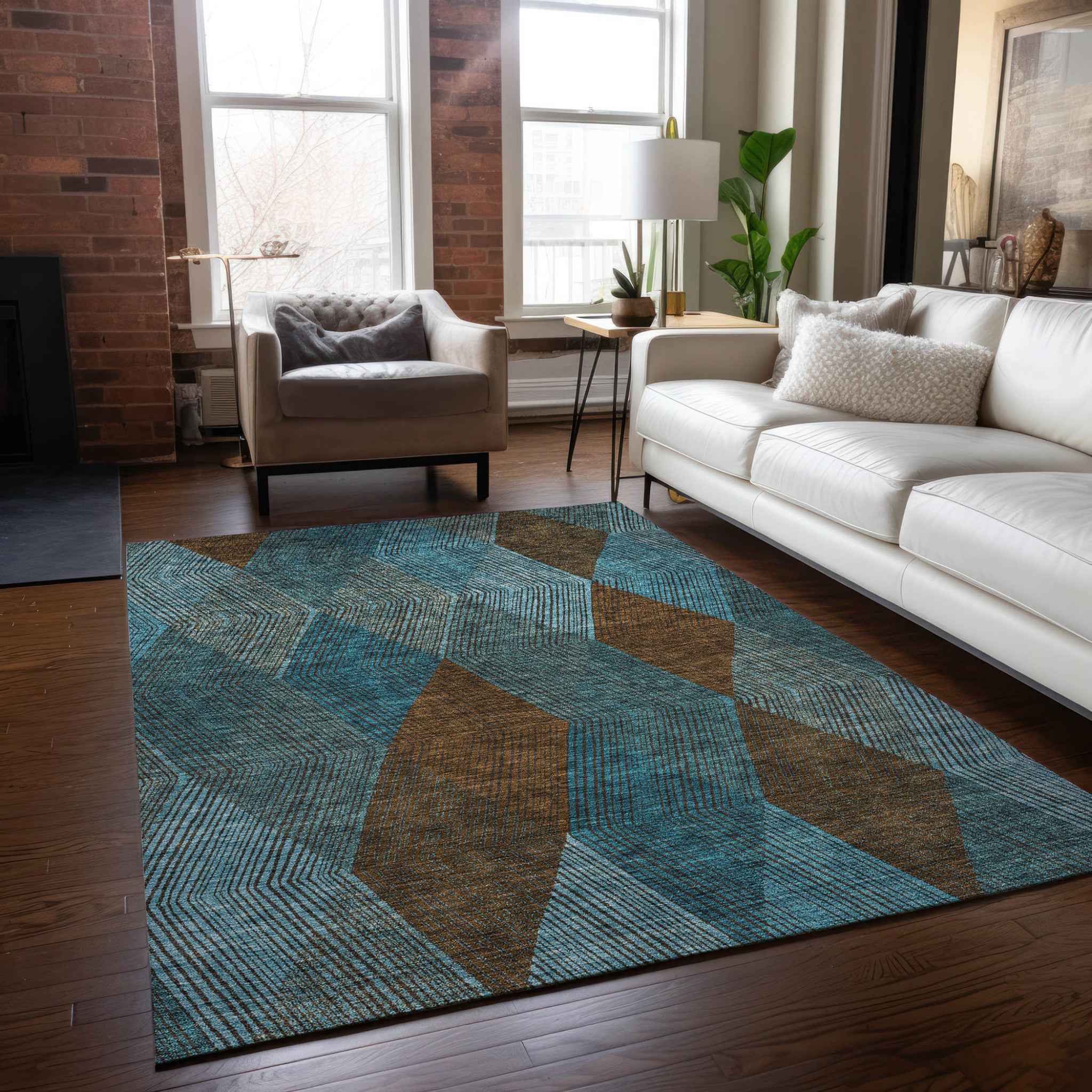 5' X 8' Teal Blue Aqua And Brown Argyle Washable Indoor Outdoor Area Rug