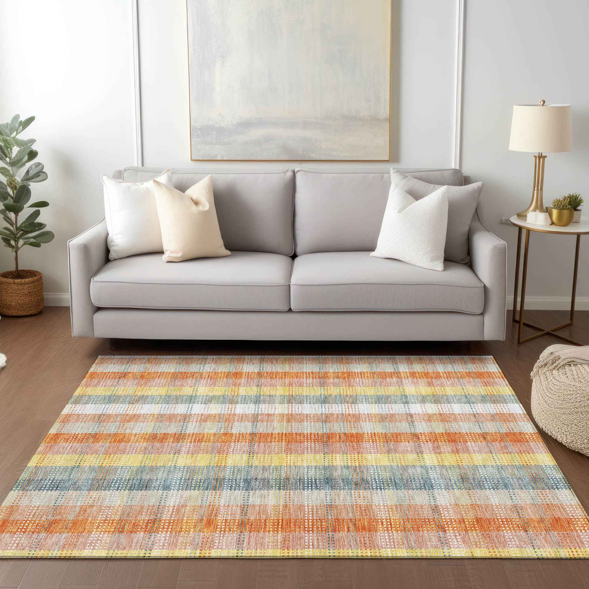 3' X 5' Peach Ivory And Orange Plaid Washable Indoor Outdoor Area Rug