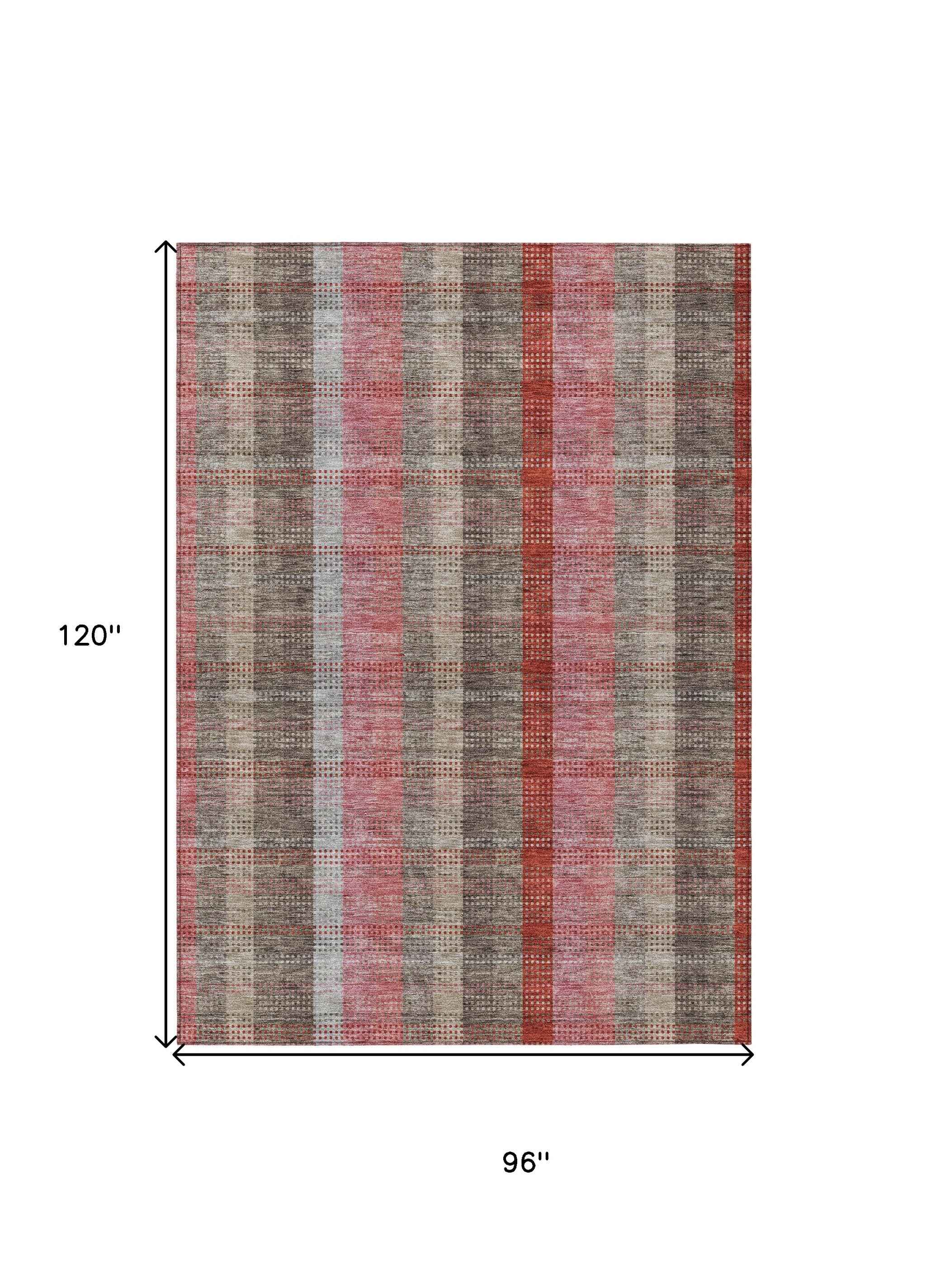 8' X 10' Red Pink And Pewter Plaid Washable Indoor Outdoor Area Rug