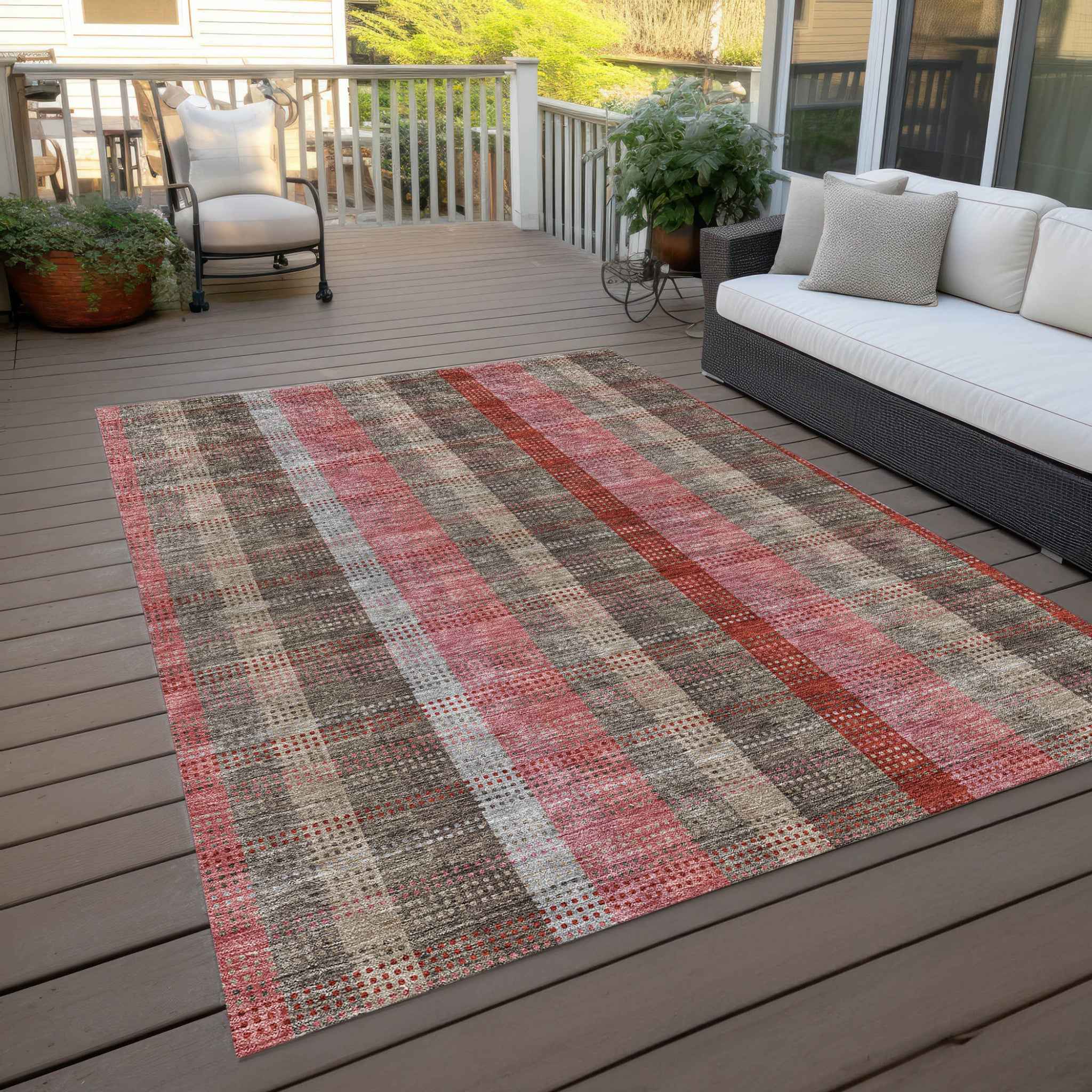 8' X 10' Red Pink And Pewter Plaid Washable Indoor Outdoor Area Rug