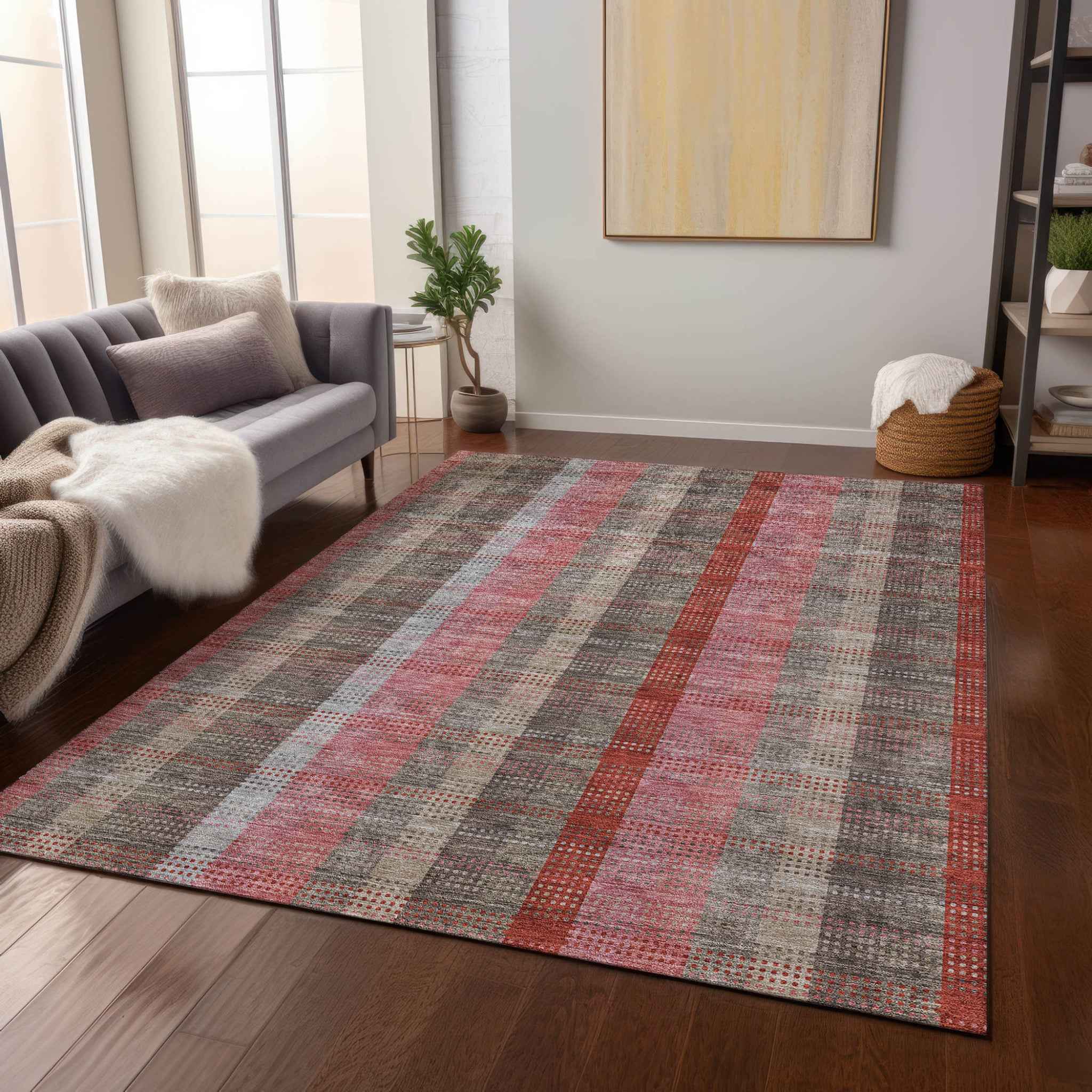 8' X 10' Red Pink And Pewter Plaid Washable Indoor Outdoor Area Rug
