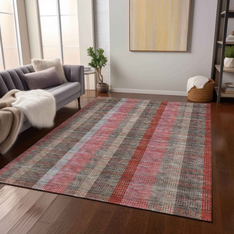 8' X 10' Red Pink And Pewter Plaid Washable Indoor Outdoor Area Rug
