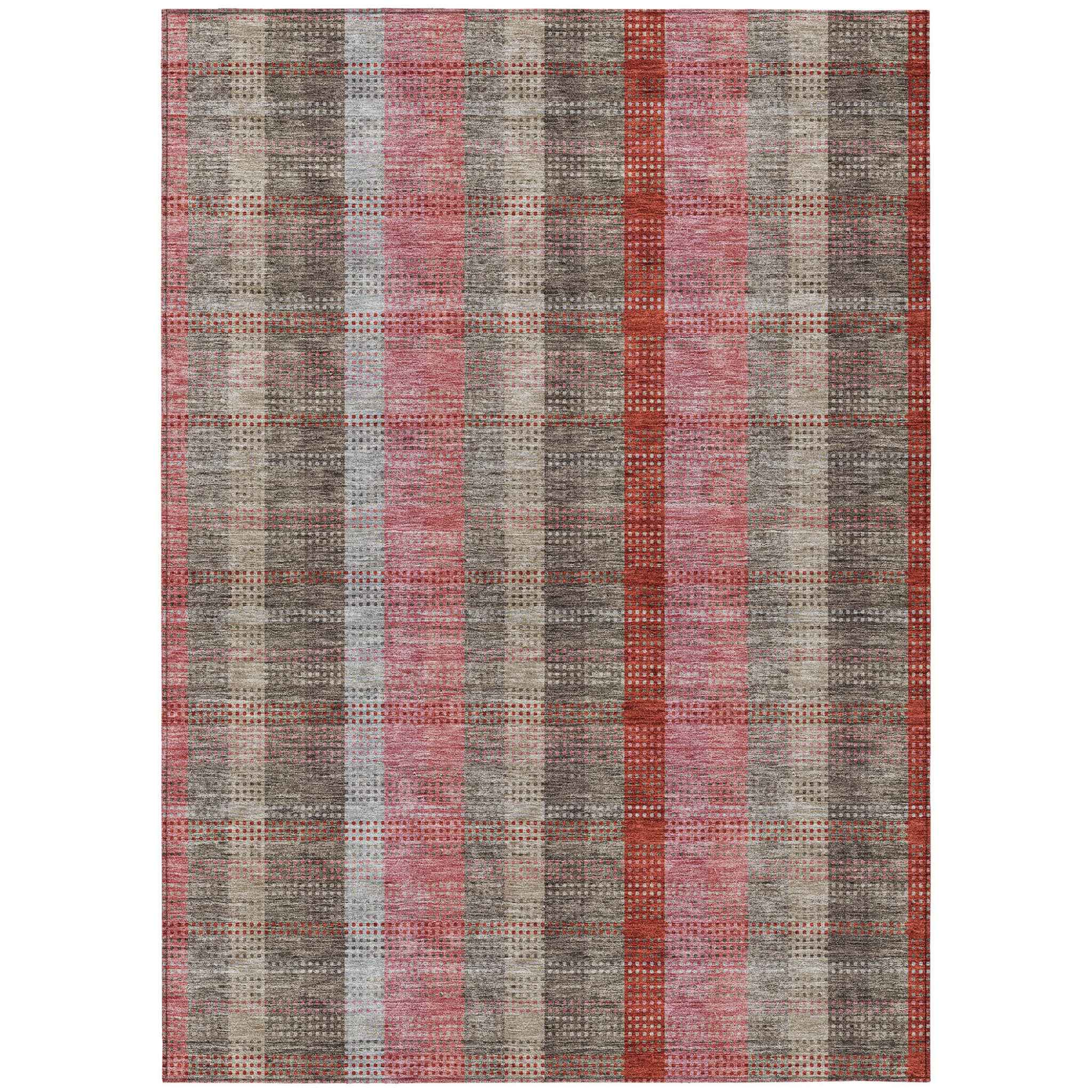 8' X 10' Red Pink And Pewter Plaid Washable Indoor Outdoor Area Rug