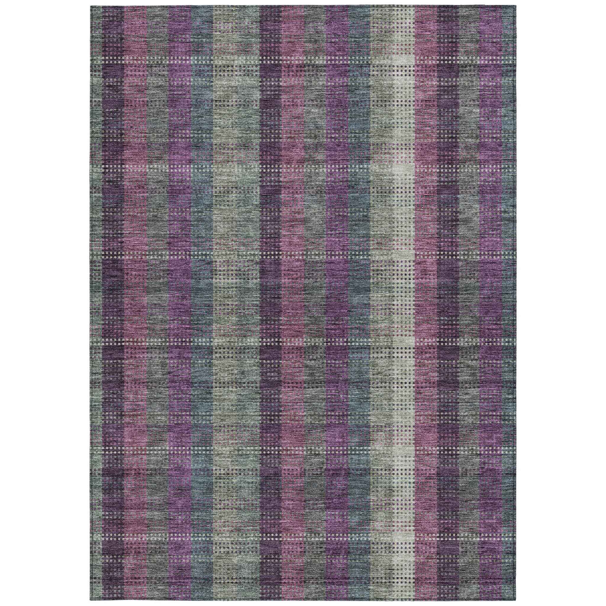 9' X 12' Plum Eggplant And Gray Plaid Washable Indoor Outdoor Area Rug