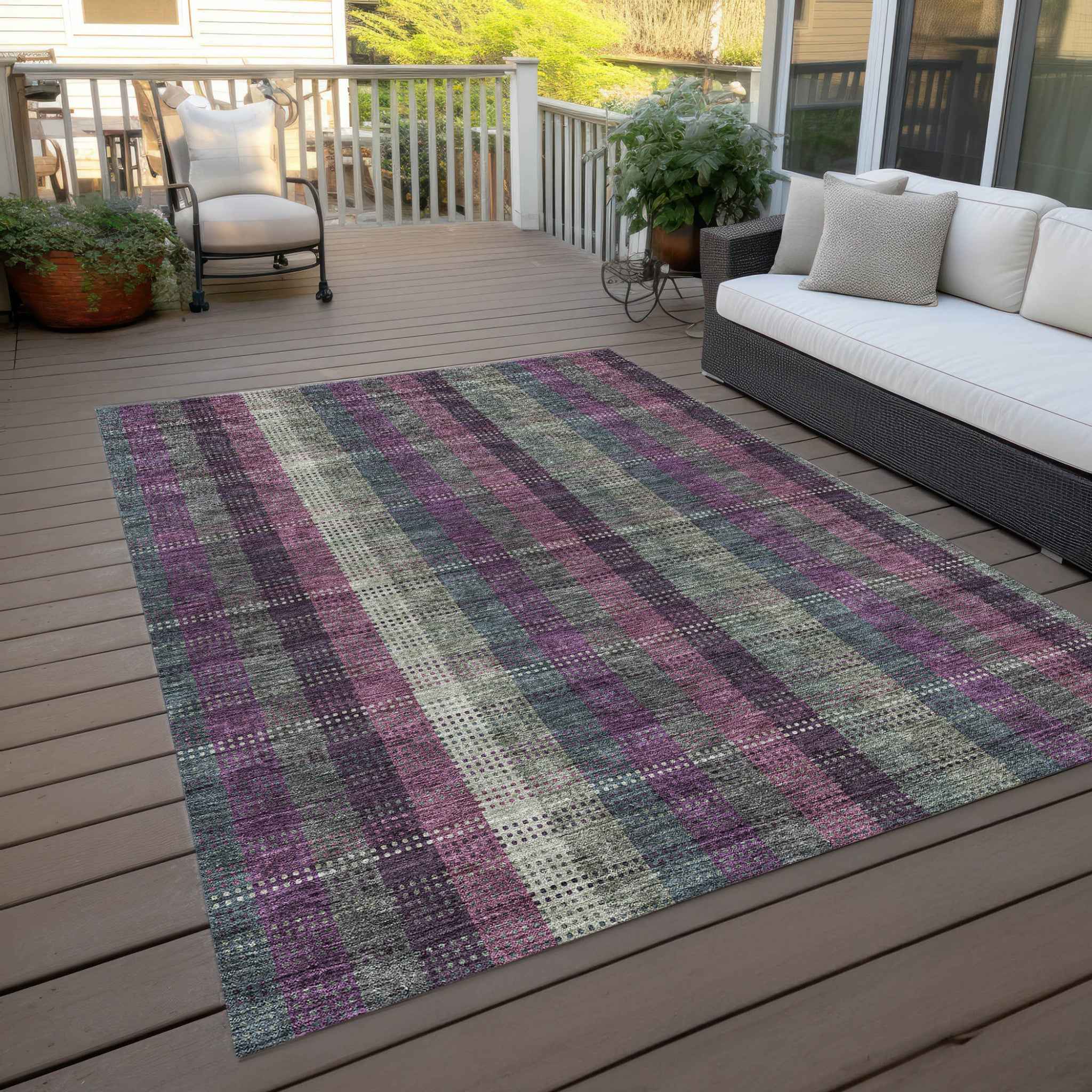 9' X 12' Plum Eggplant And Gray Plaid Washable Indoor Outdoor Area Rug