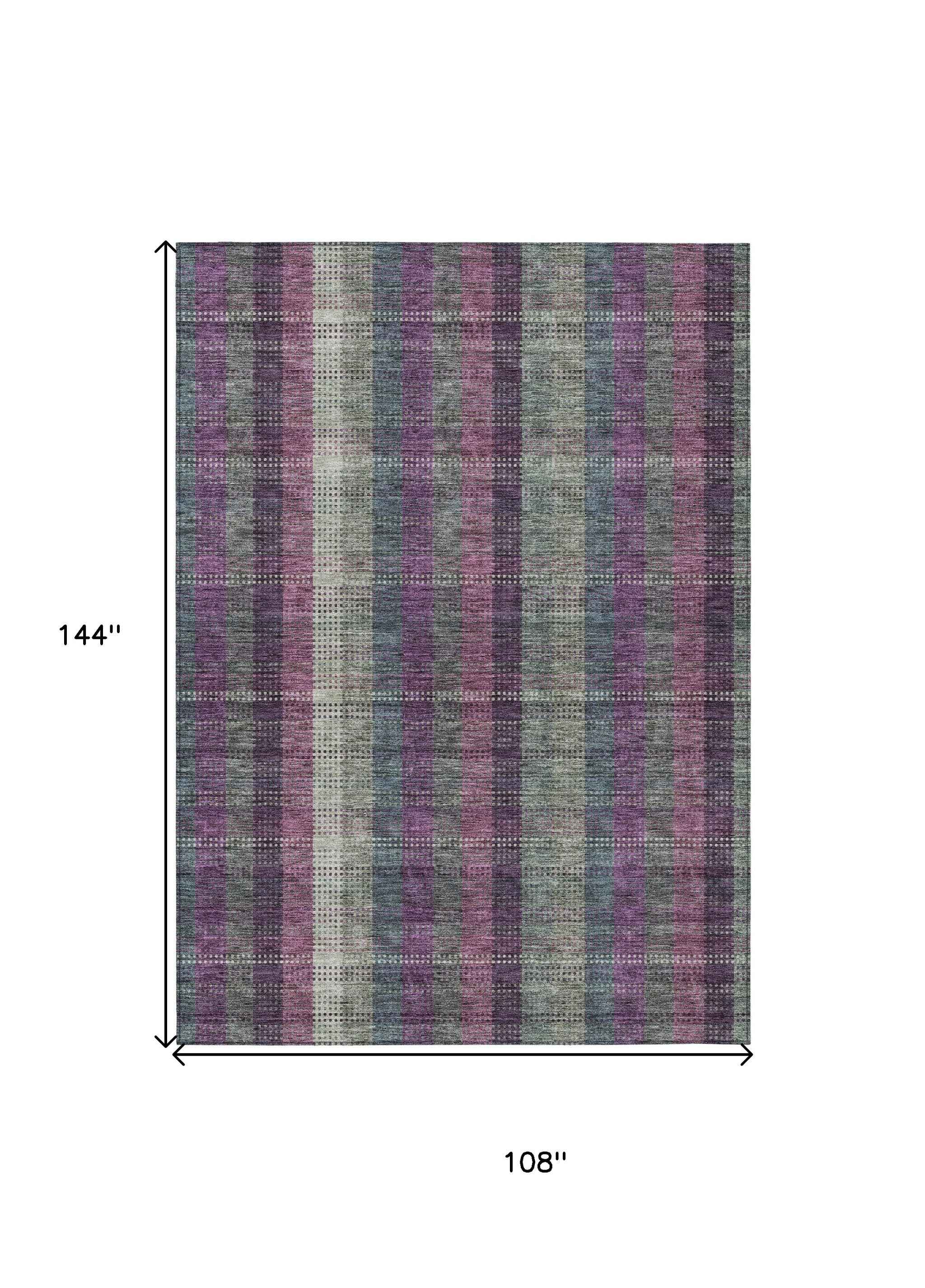 9' X 12' Plum Eggplant And Gray Plaid Washable Indoor Outdoor Area Rug