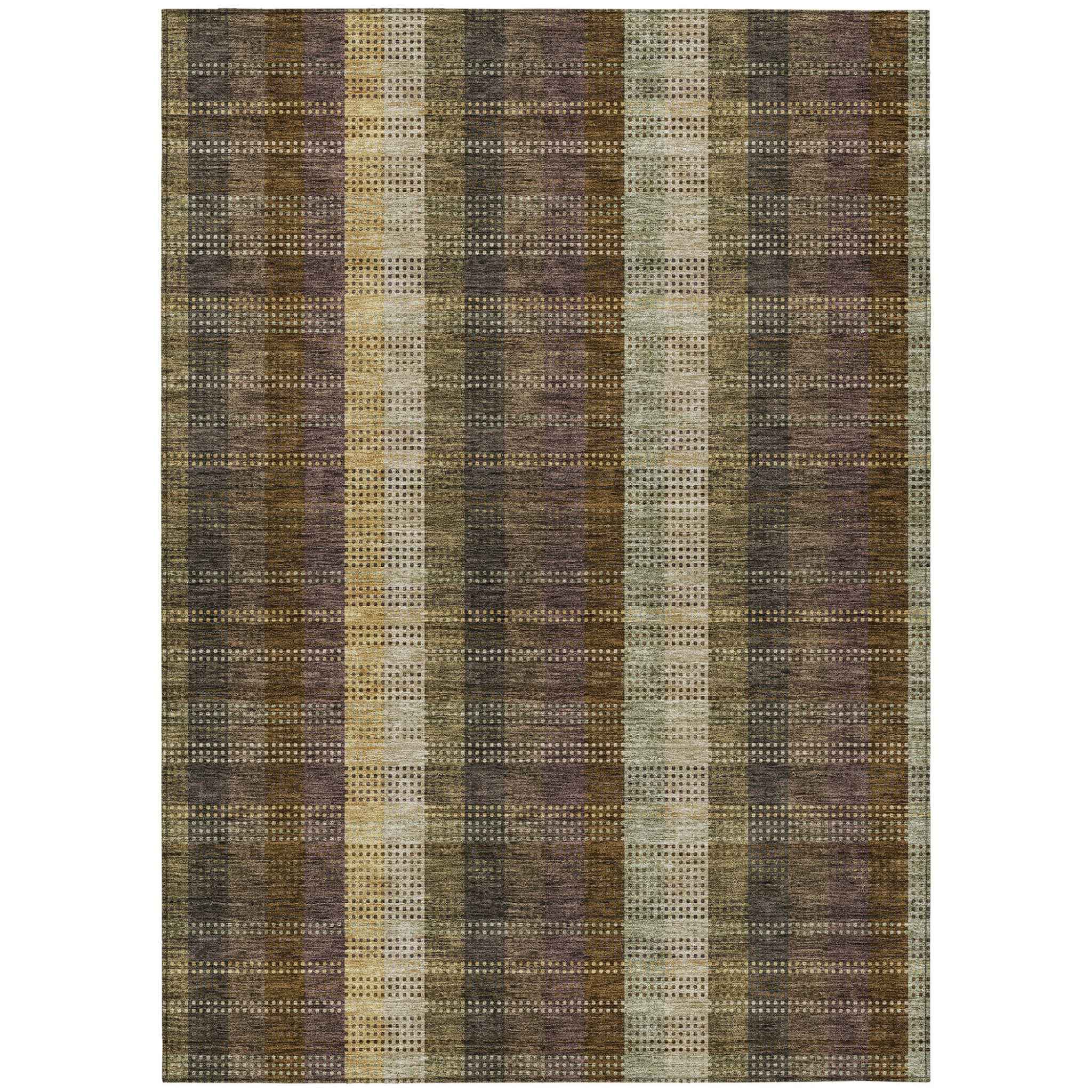9' X 12' Brown Taupe And Plum Plaid Washable Indoor Outdoor Area Rug