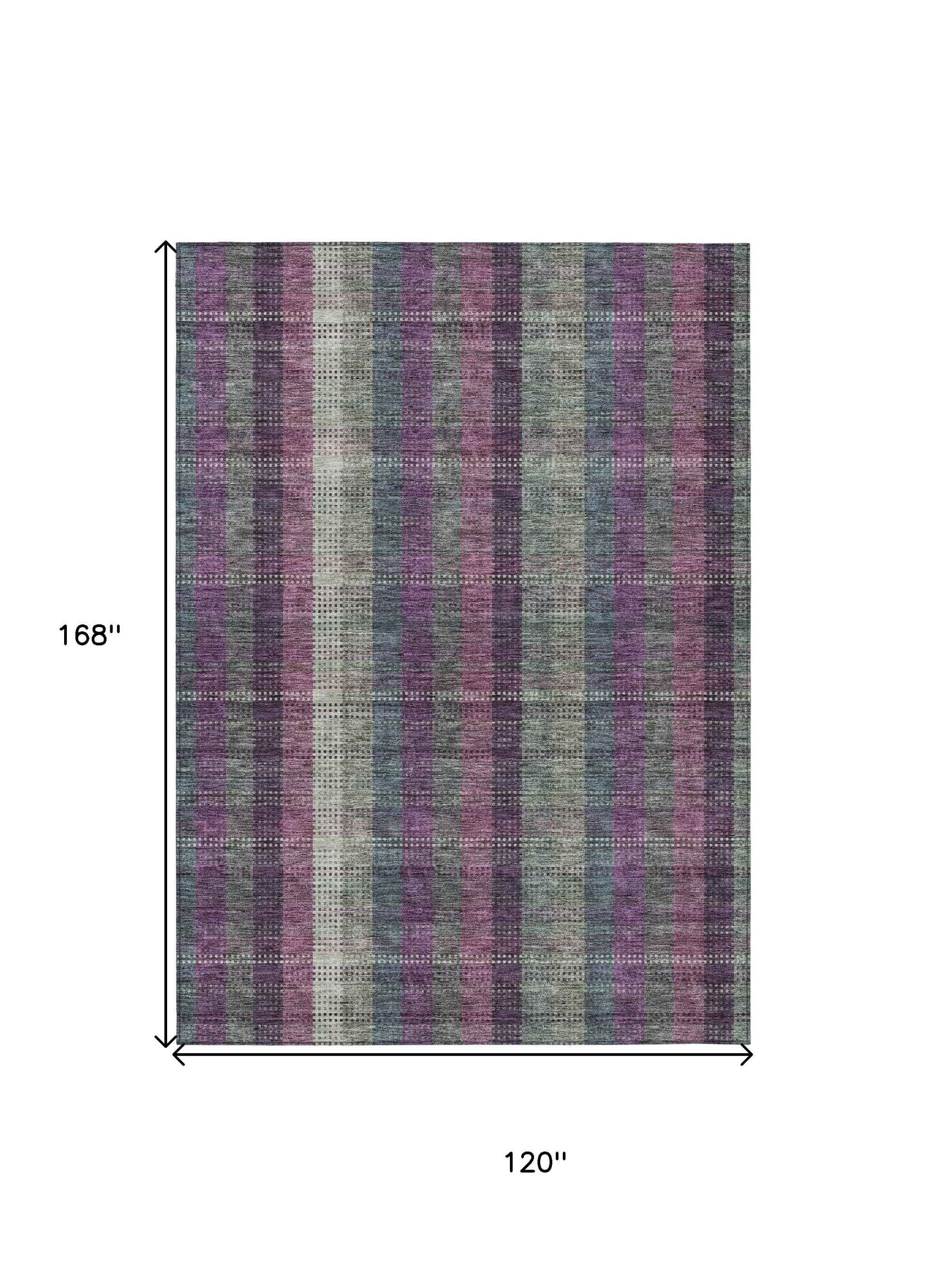 10' X 14' Plum Eggplant And Gray Plaid Washable Indoor Outdoor Area Rug