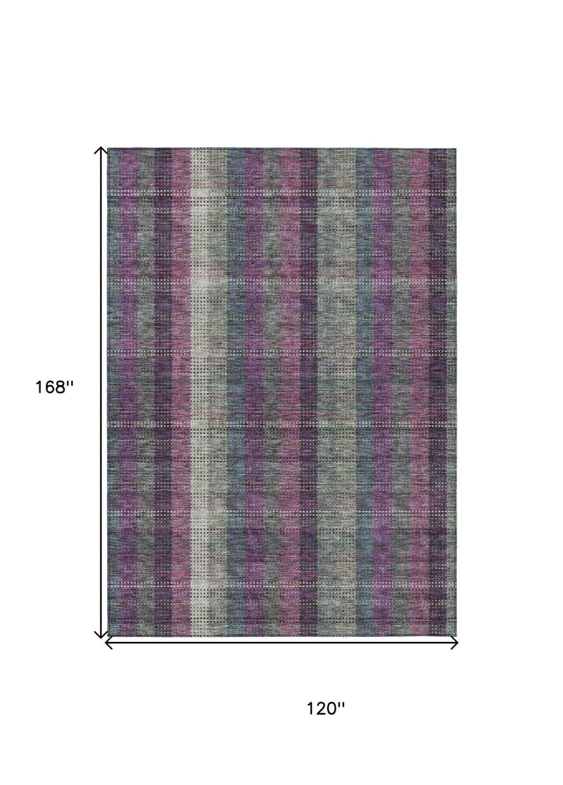10' X 14' Plum Eggplant And Gray Plaid Washable Indoor Outdoor Area Rug
