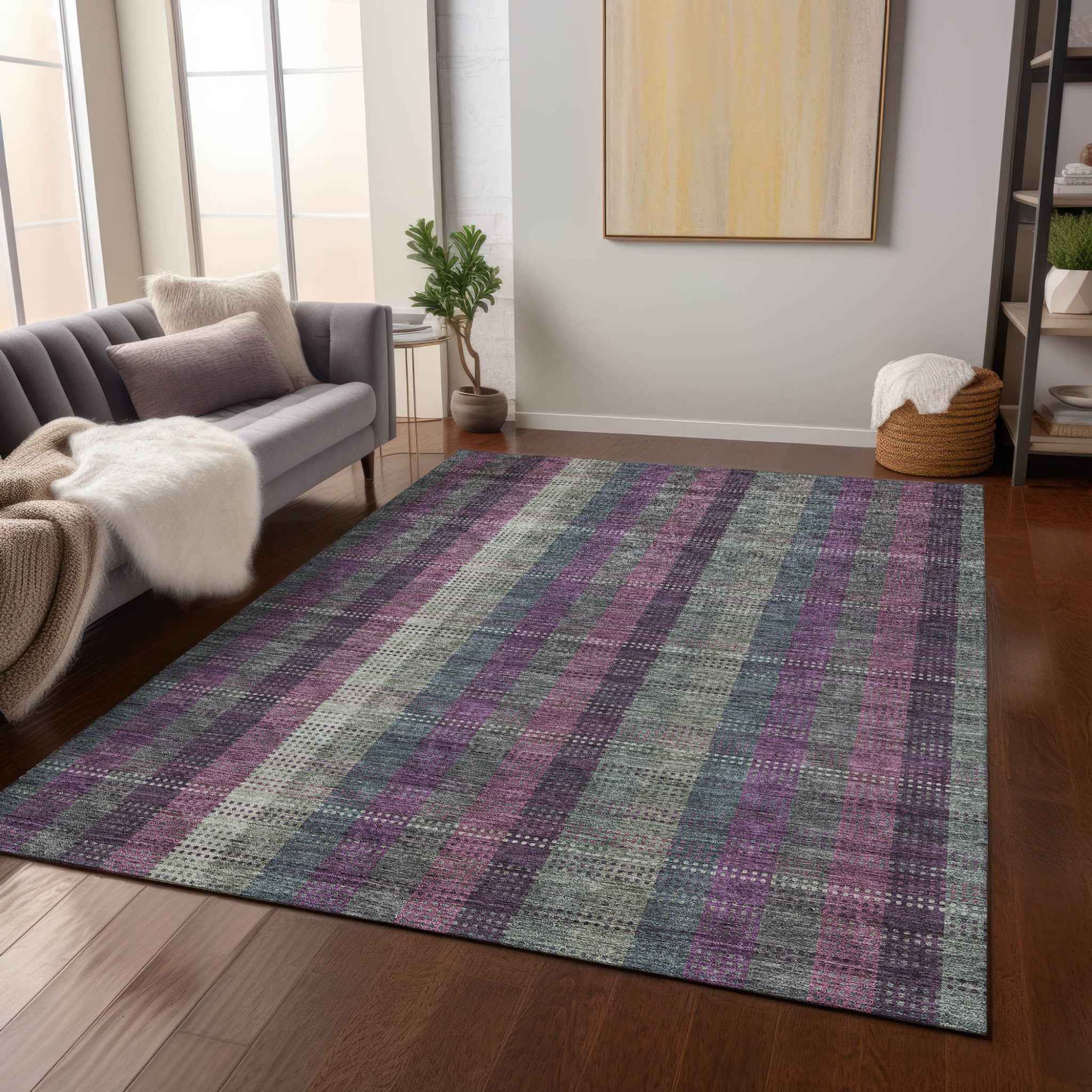 10' X 14' Plum Eggplant And Gray Plaid Washable Indoor Outdoor Area Rug