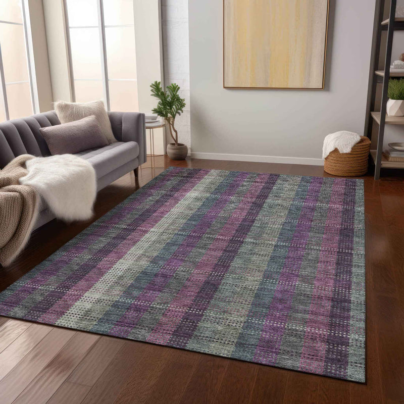 10' X 14' Plum Eggplant And Gray Plaid Washable Indoor Outdoor Area Rug