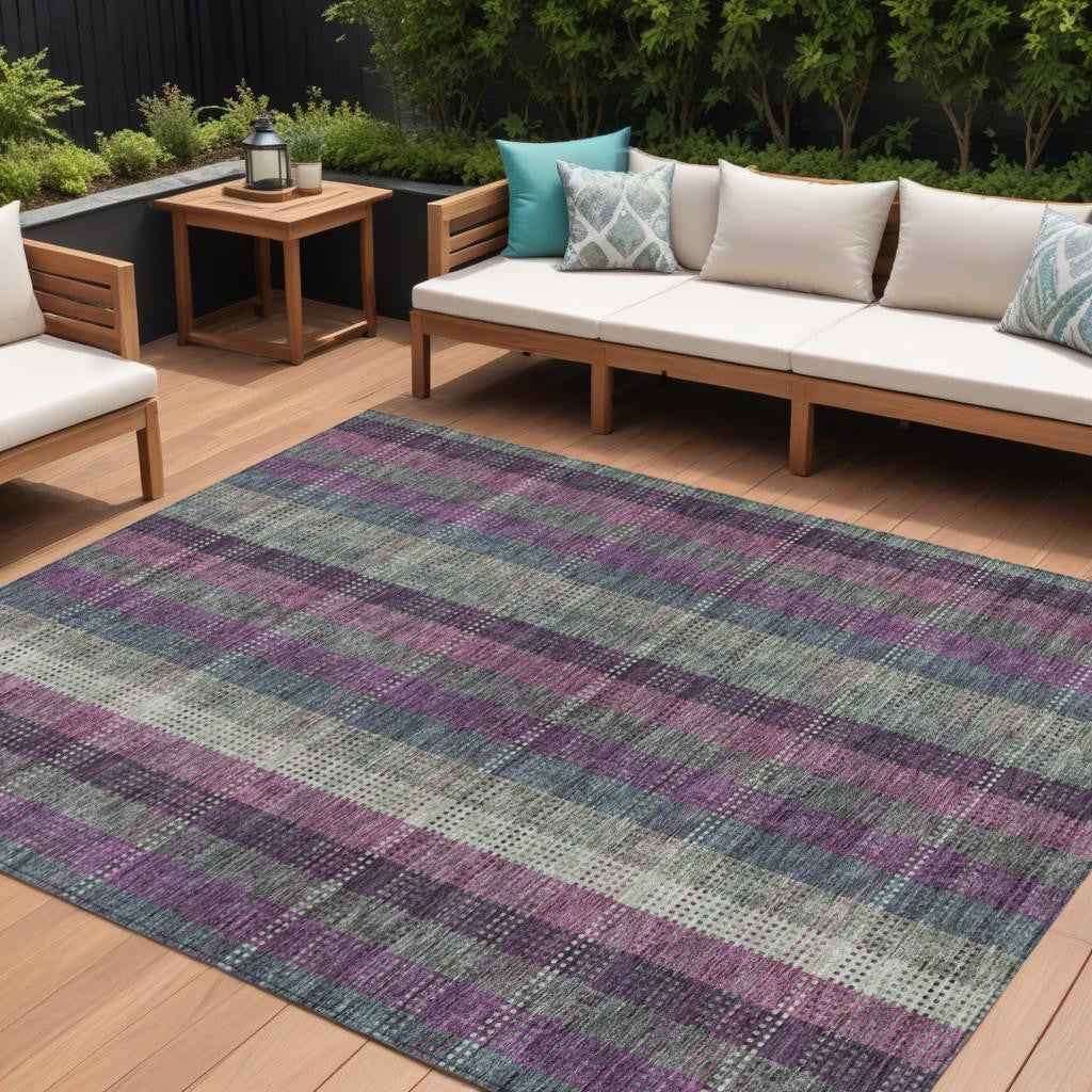 10' X 14' Plum Eggplant And Gray Plaid Washable Indoor Outdoor Area Rug