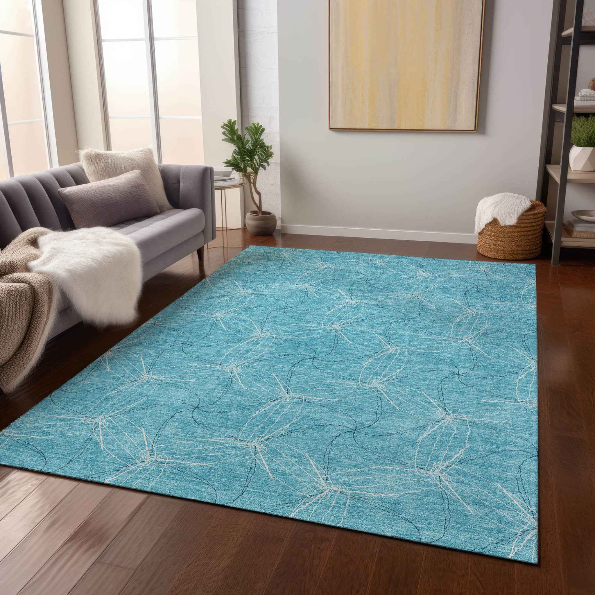 5' X 8' Aqua And Ivory Geometric Washable Indoor Outdoor Area Rug