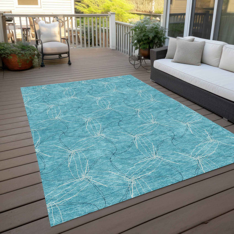 5' X 8' Aqua And Ivory Geometric Washable Indoor Outdoor Area Rug