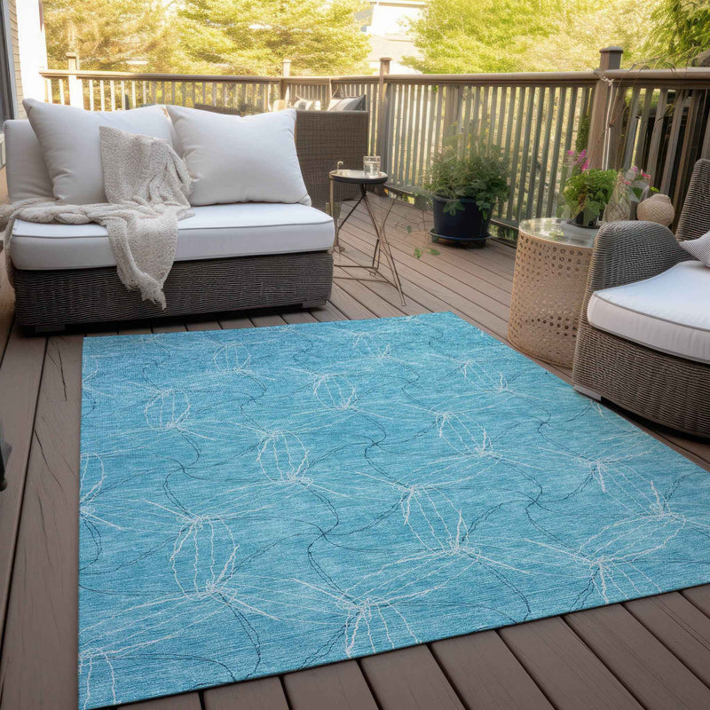 5' X 8' Aqua And Ivory Geometric Washable Indoor Outdoor Area Rug