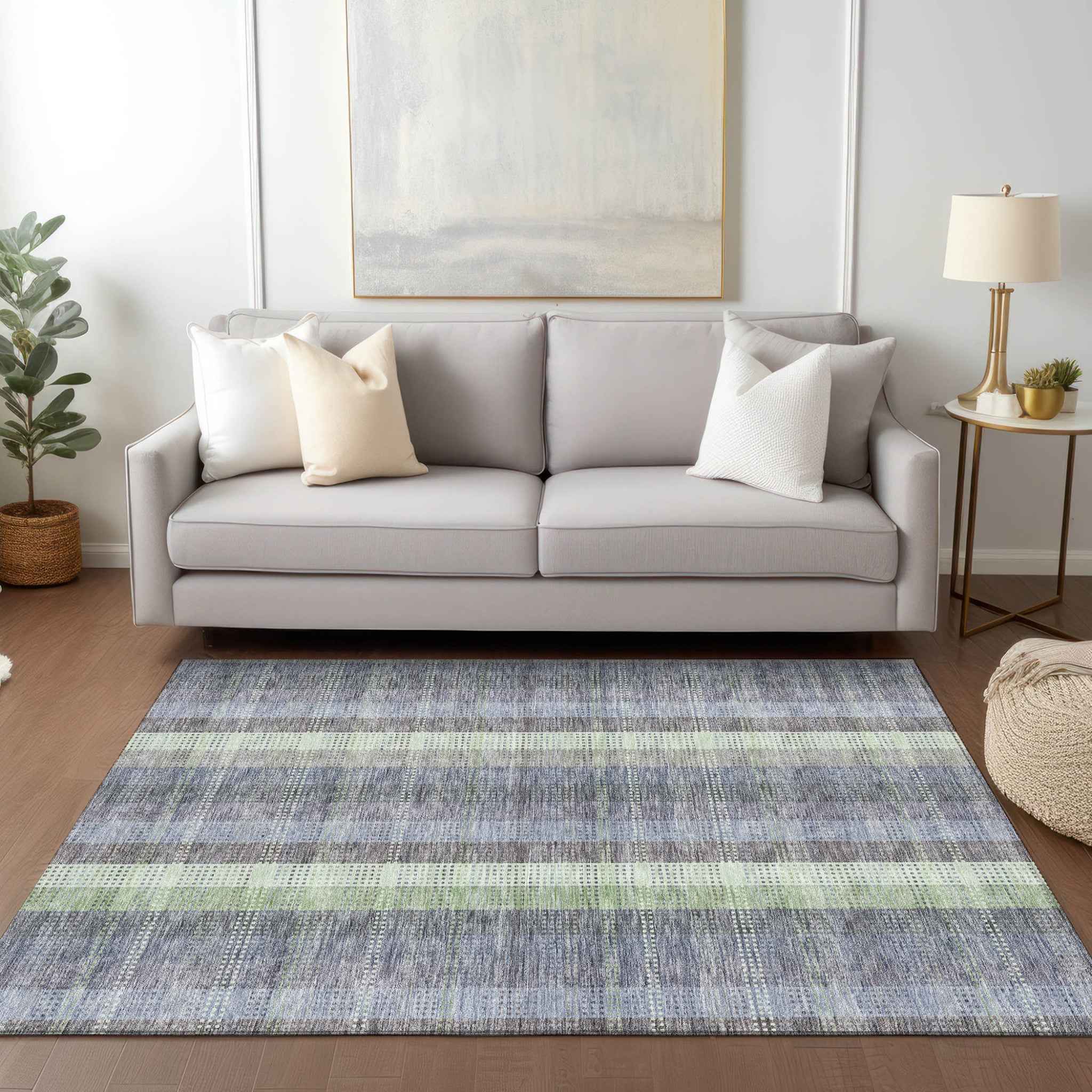 10' X 14' Pewter Gray And Mint Green Plaid Washable Indoor Outdoor Area Rug