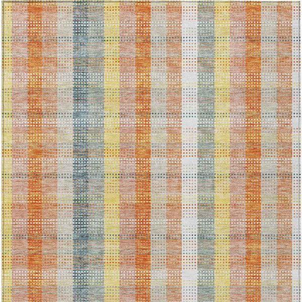 9' X 12' Peach Ivory And Orange Plaid Washable Indoor Outdoor Area Rug