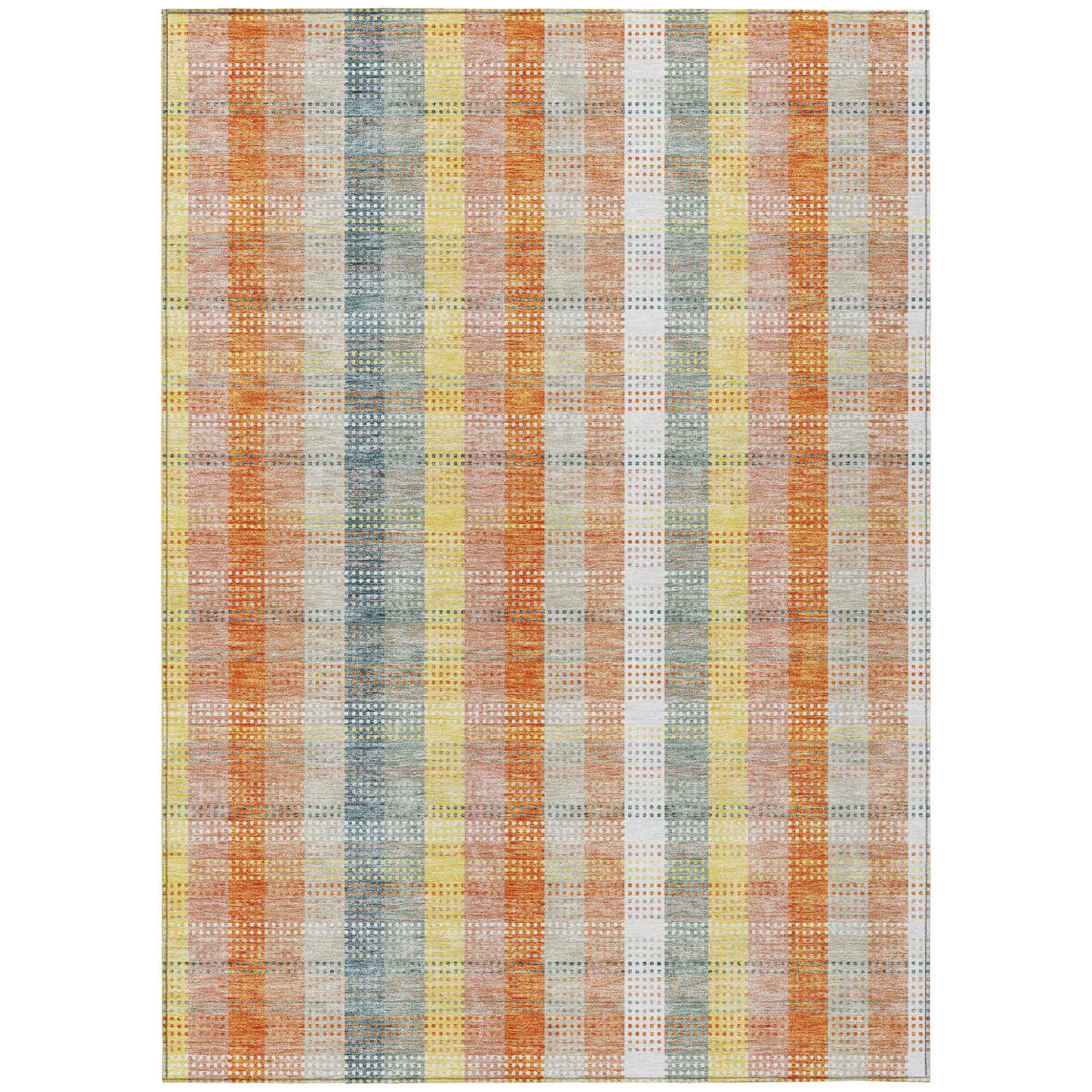 9' X 12' Peach Ivory And Orange Plaid Washable Indoor Outdoor Area Rug