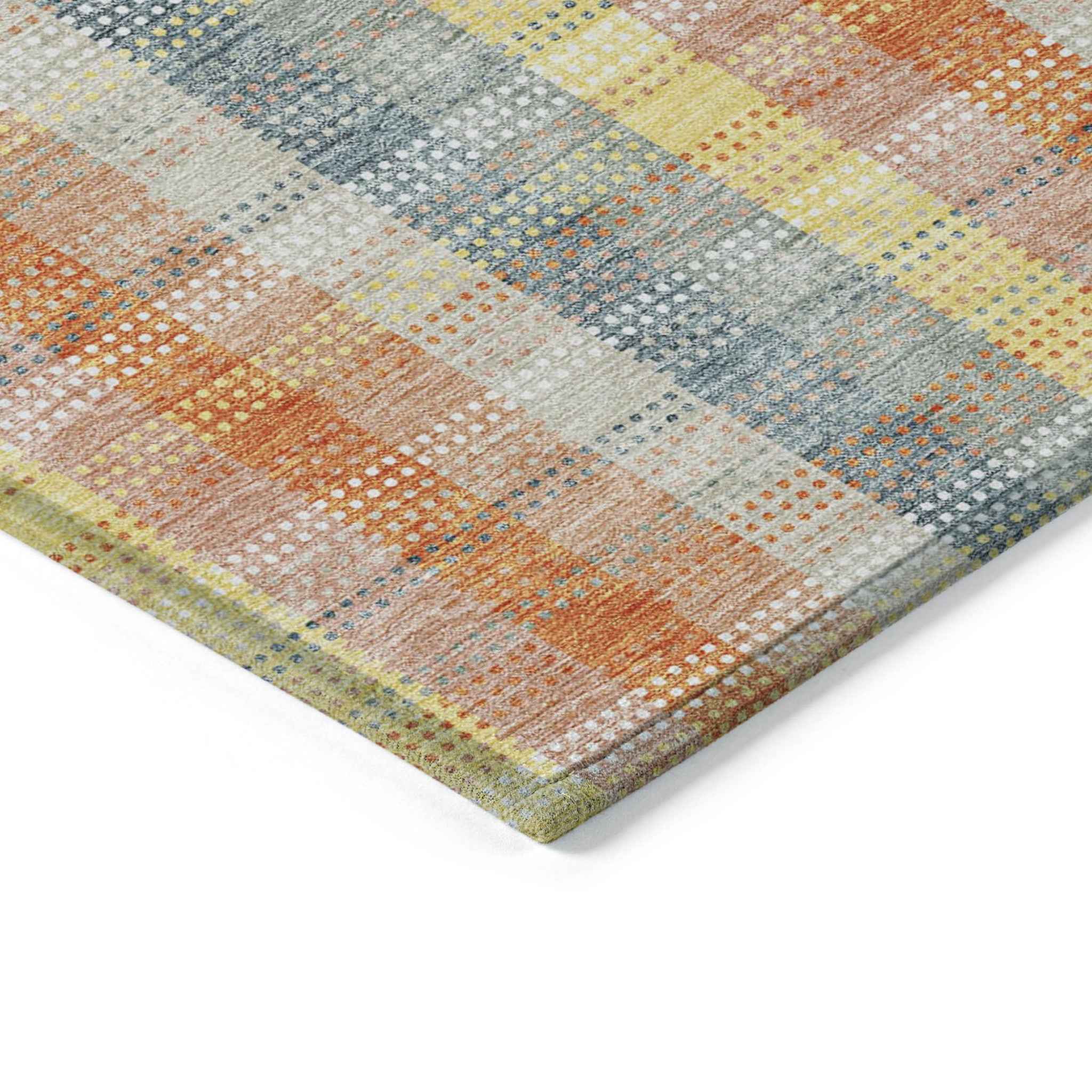 9' X 12' Peach Ivory And Orange Plaid Washable Indoor Outdoor Area Rug