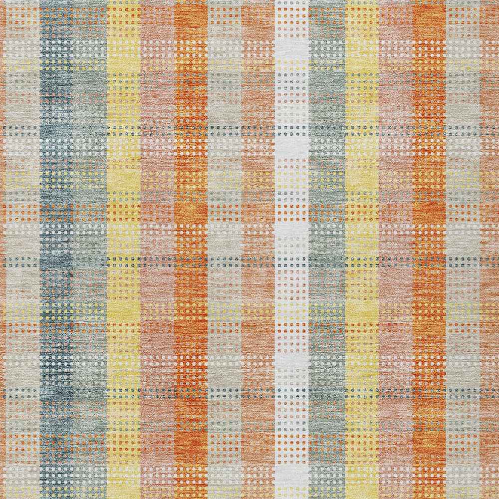 9' X 12' Peach Ivory And Orange Plaid Washable Indoor Outdoor Area Rug