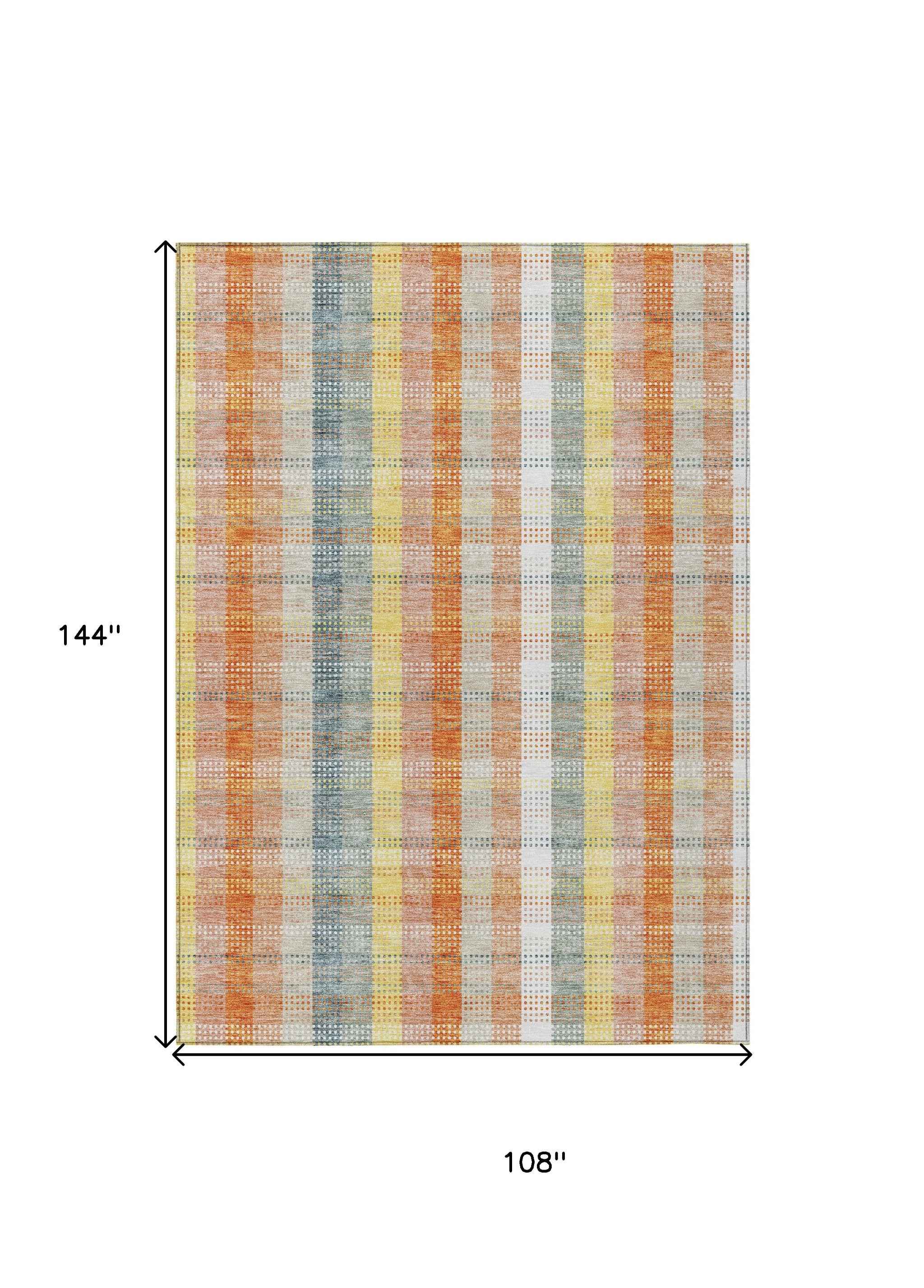 9' X 12' Peach Ivory And Orange Plaid Washable Indoor Outdoor Area Rug
