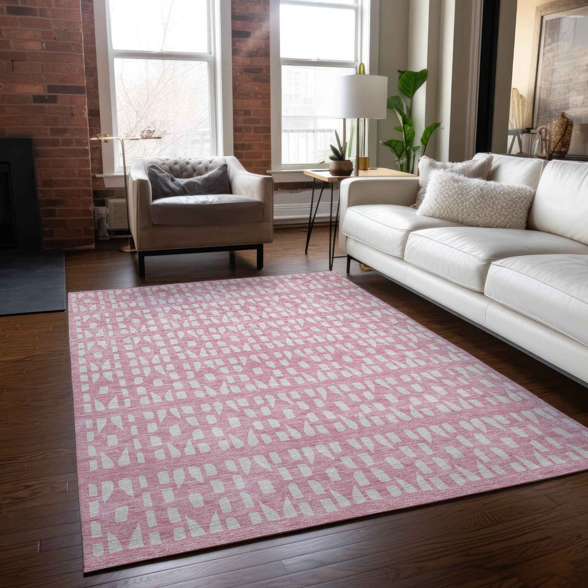 8' X 10' Pink And Ivory Geometric Washable Indoor Outdoor Area Rug