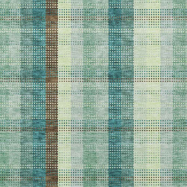 9' X 12' Sage Mint Green And Teal Blue Plaid Washable Indoor Outdoor Area Rug