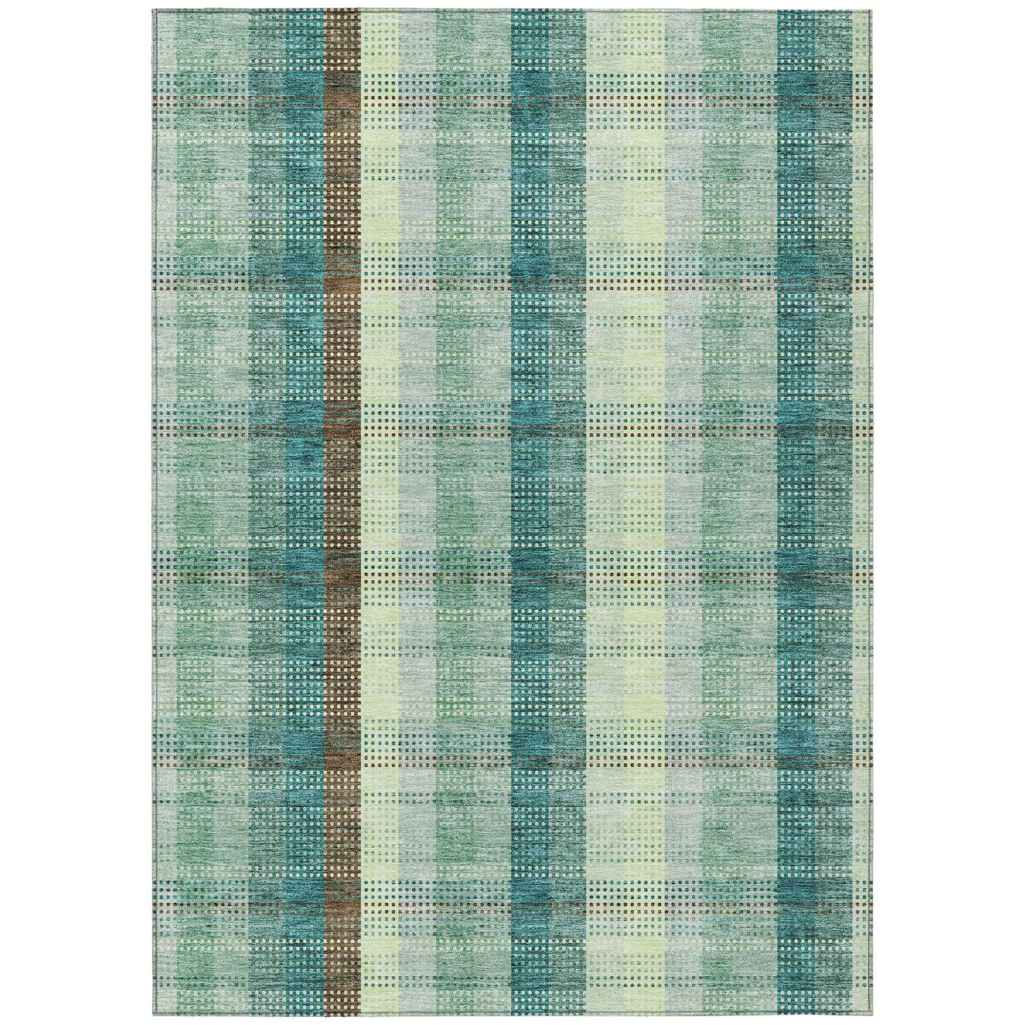 9' X 12' Sage Mint Green And Teal Blue Plaid Washable Indoor Outdoor Area Rug