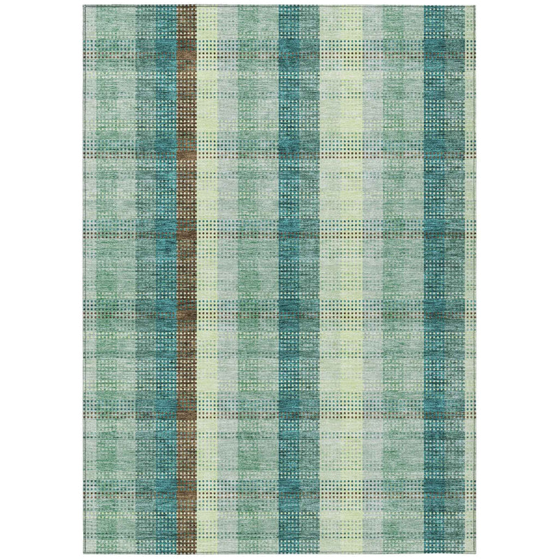 9' X 12' Sage Mint Green And Teal Blue Plaid Washable Indoor Outdoor Area Rug
