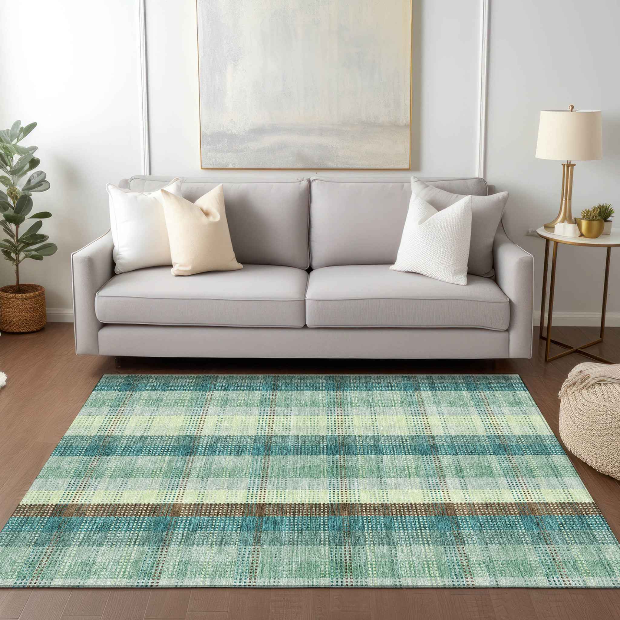 9' X 12' Sage Mint Green And Teal Blue Plaid Washable Indoor Outdoor Area Rug
